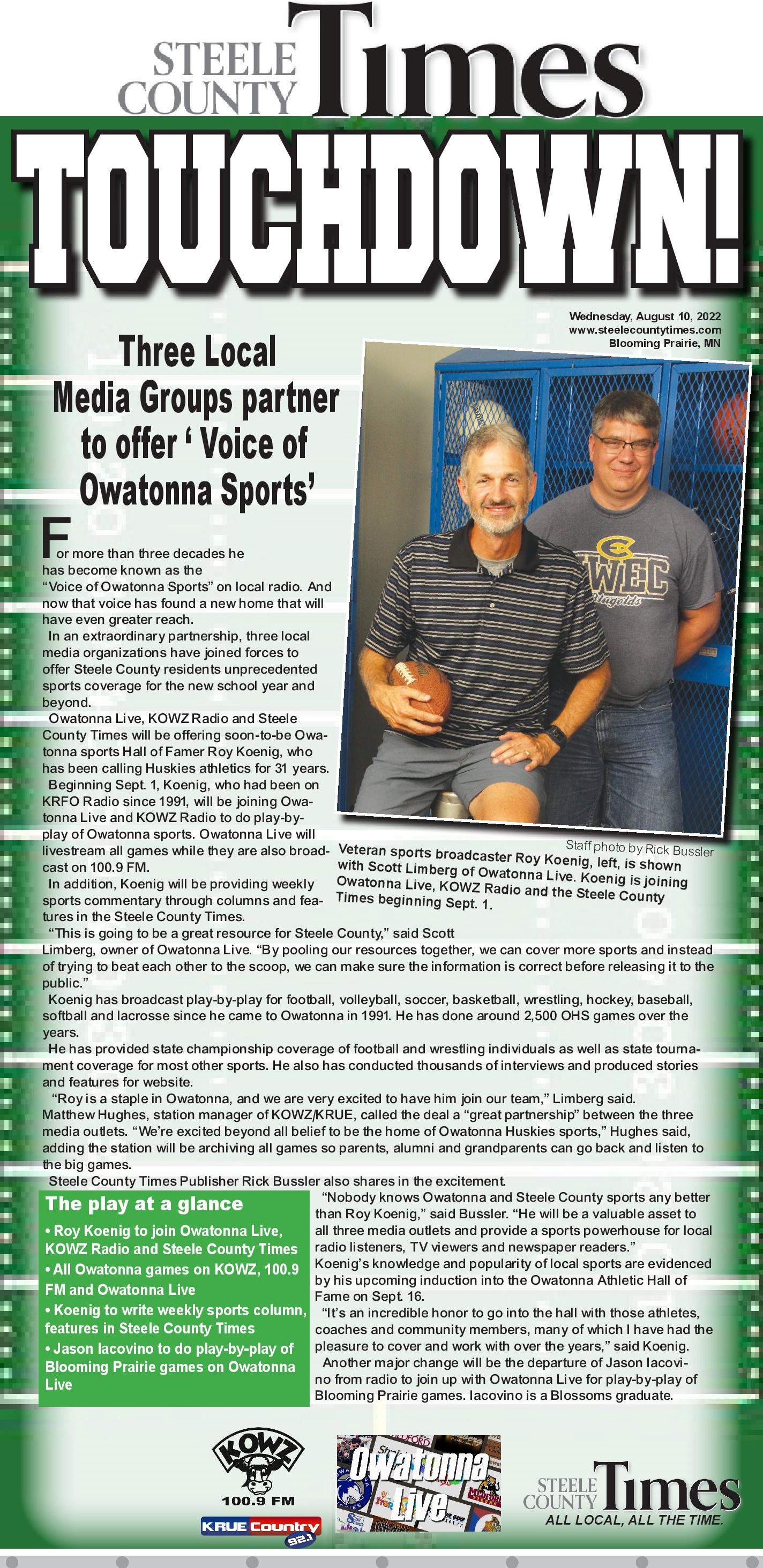 Steele County Times, Owatonna Live, KOWZ join forces, touchdown, big media news, owatonna